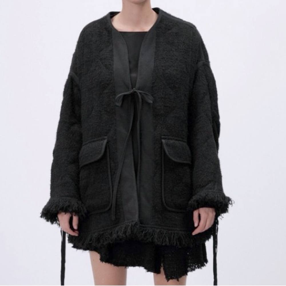 Zara COLLECTION Tweed Weave Texture Quilted Black Oversized Jacket Size M/L NEW